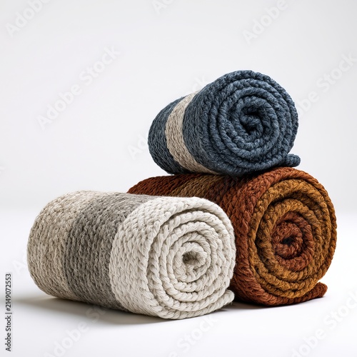 Carpets lie coiled against white backgrounds as home decor.