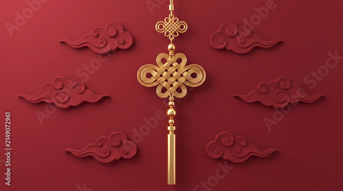 Elegant 3D illustration featuring a traditional gold Chinese knot ornament and auspicious clouds against a festive red background, perfect for Lunar New Year and cultural celebrations.