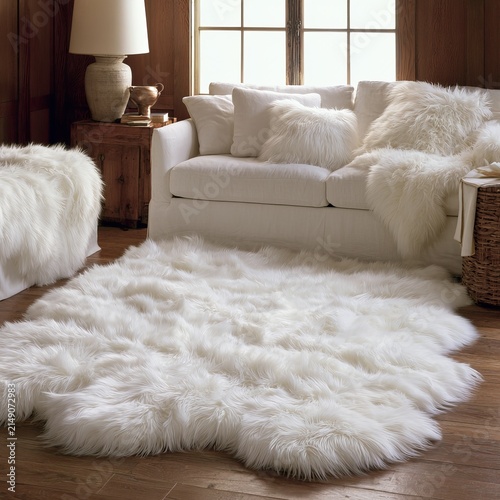 White faux fur rugs cover surfaces, creating cozy indoor settings.