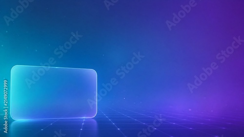 Futuristic glass card on digital background, glowing neon interface element, abstract blue and purple technology backdrop for web design