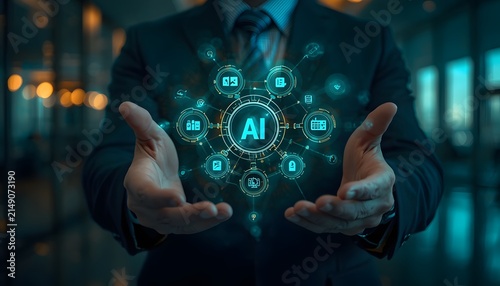 Businessman holding glowing artificial intelligence hologram interface with digital icons with businessman presenting floating blue artificial