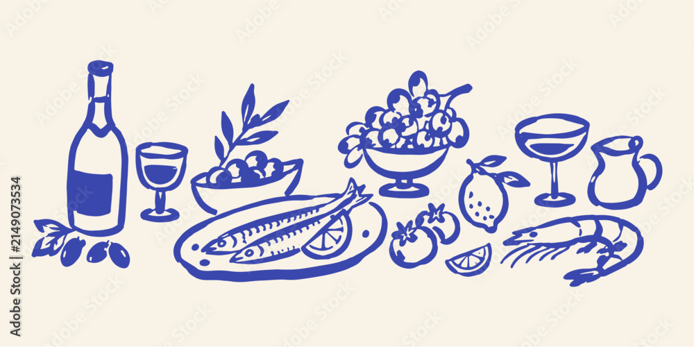 Obraz premium Mediterranean Food and Wine Doodle Set