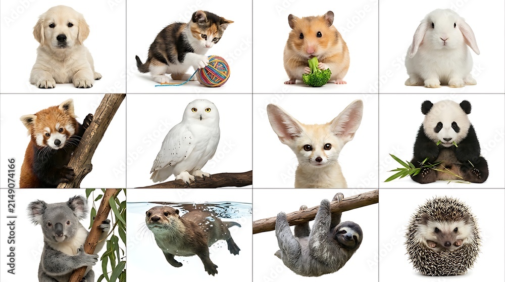 Fototapeta premium Collection of diverse wild and domestic animals isolated on white background for educational or design projects