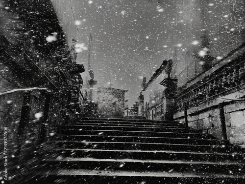 Winters Embrace - A Stairway Veiled in Snowfalls Gentle Kiss.