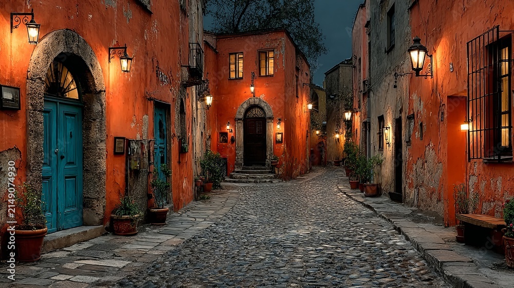 Fototapeta premium Charming San Miguel de Allende Street at Night - A Colorful Journey.