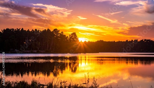 Beautiful Sunset Over a Calm Lake with Sky Reflection, Silhouette Trees, and Peaceful Nature Landscape at Dusk with Clouds and Warm Evening Light