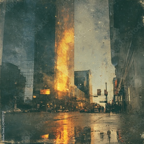 Distorted Urban Landscape - Towering Building Ablaze with Reflections.