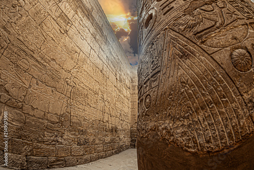 Aspects from the Karnak Temple complex, a mix of ancient egyptian temples and pylons near Luxor, Egypt. Construction began around 2000–1700 BCE up to 305–30 BCE. God is Amun-Ra. World Heritage Site.
