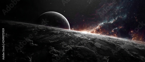 Dramatic Space Scene - Planet Rise with Nebula and Starfield.
