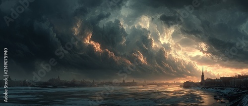 Dramatic Storm Clouds over Water - A Serene Yet Ominous Landscape Painting.
