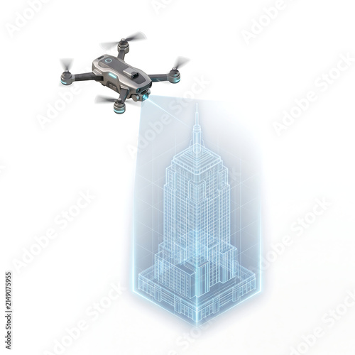 The future of civil engineering, Modern drone scanning a skyscraper hologram blueprint