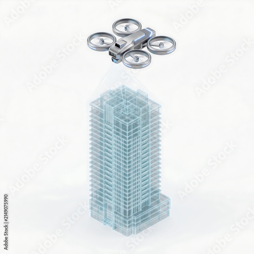 The future of civil engineering, Isometric drone scanning a futuristic building blueprint hologram
