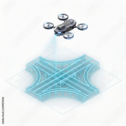 The future of civil engineering, Drone scanning modern highway intersection blueprint concept