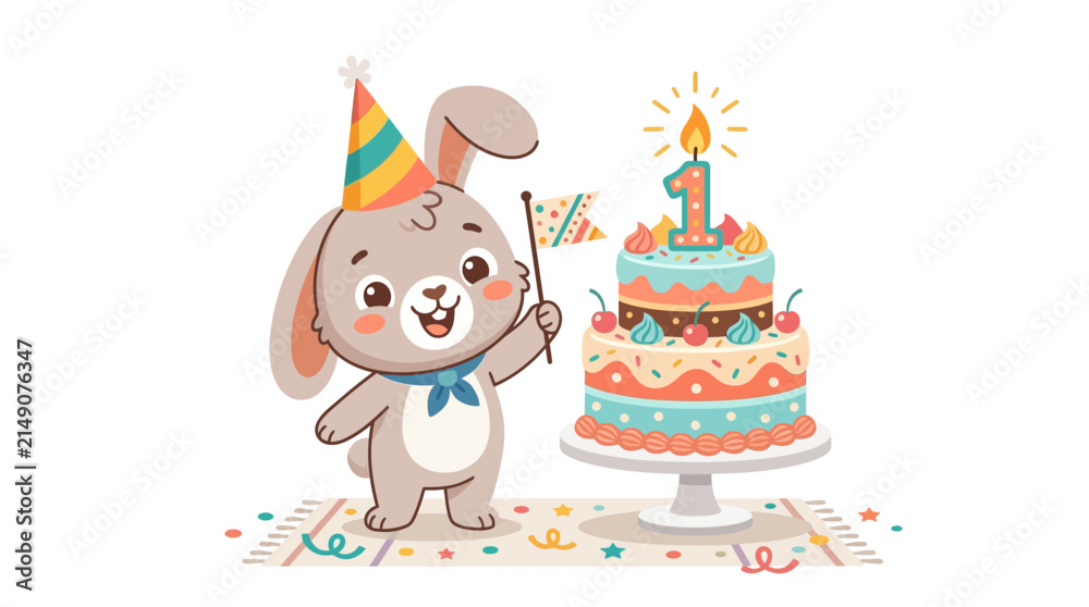 Fototapeta premium Adorable Cartoon Bunny Character Celebrating 1st Birthday Party with Sweet Cake