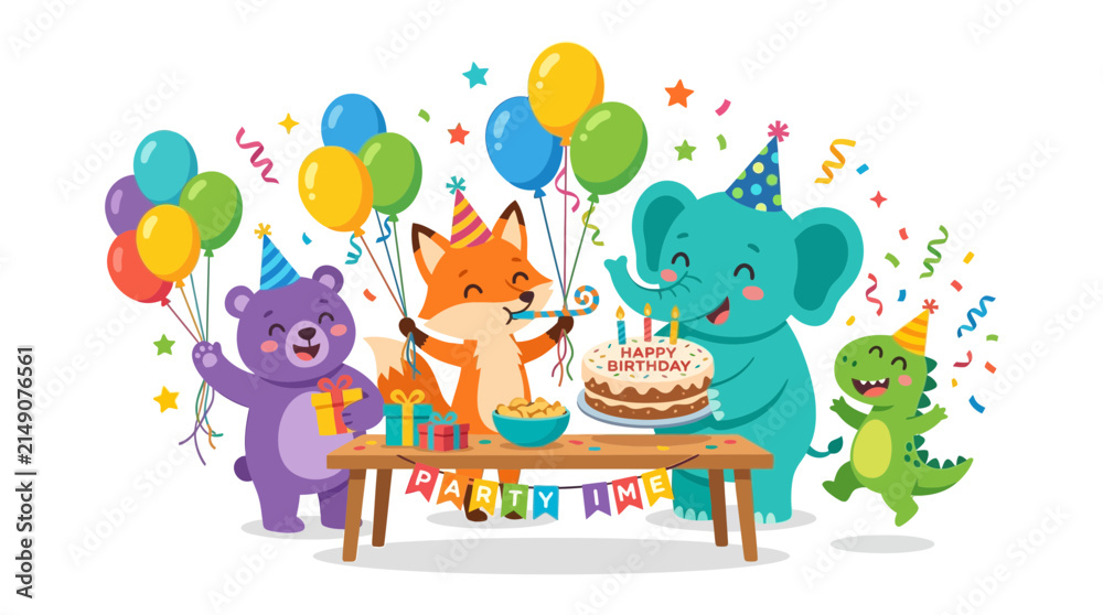 Naklejka premium Happy Birthday Party Celebration with Cute Cartoon Animals Balloons and Cake