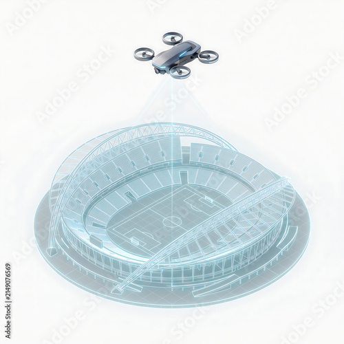 The future of civil engineering, Modern drone scanning a glowing hologram wireframe stadium projection