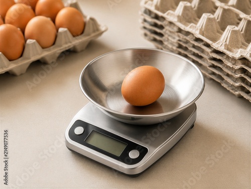 Fresh brown egg weighed in a small bowl scale at a packing station, illustrating egg grading, weight control, agricultural processing, quality inspection and food production.