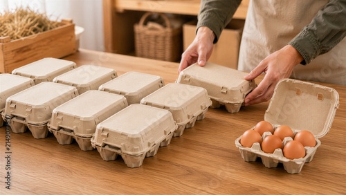 Small farm worker prepares a batch of plain egg cartons for distribution, representing local food supply, packaging, small business, agricultural production and retail logistics.