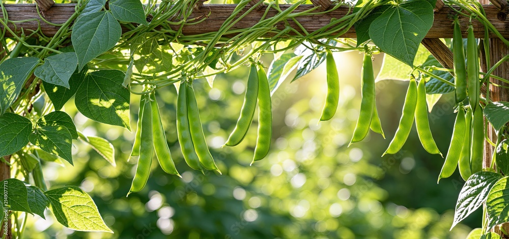 Obraz premium Sun-drenched garden with twisting vines bearing fresh green bean pods on a rustic wooden trellis.