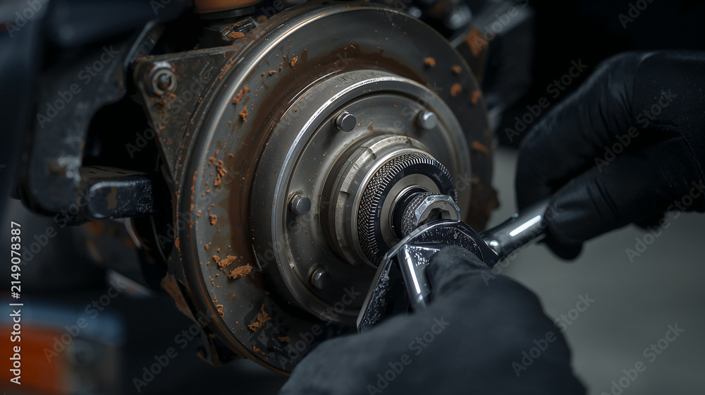 Fototapeta premium Precision car wheel hub repair showcasing professional mechanic expertise, bearing maintenance, spindle adjustment, and rust removal to restore vehicle performance and safety with specialized tools