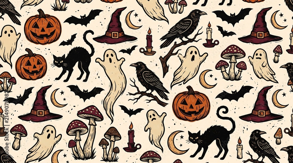 Obraz premium Spooky Halloween Seamless Pattern with Ghosts Pumpkins and Cats Vector