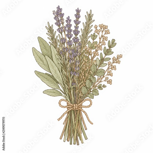 Floral Arrangement of Lavender and Mixed Green Herbs with Ribbons