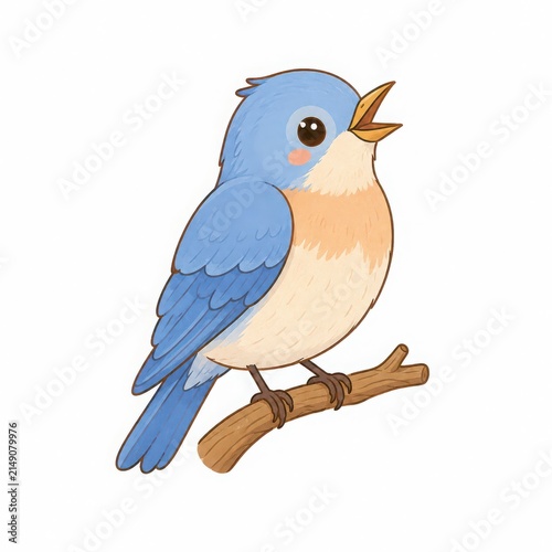 Cute Cartoon Blue Bird Singing on a Branch with Bright Colors