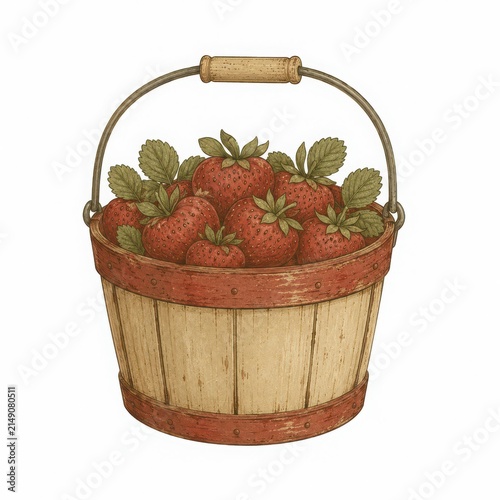 Freshly Harvested Strawberries in Rustic Wooden Bucket Design