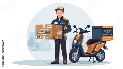 Delivery courier stands beside a modern scooter while holding a cardboard package, set against a soft neutral background.