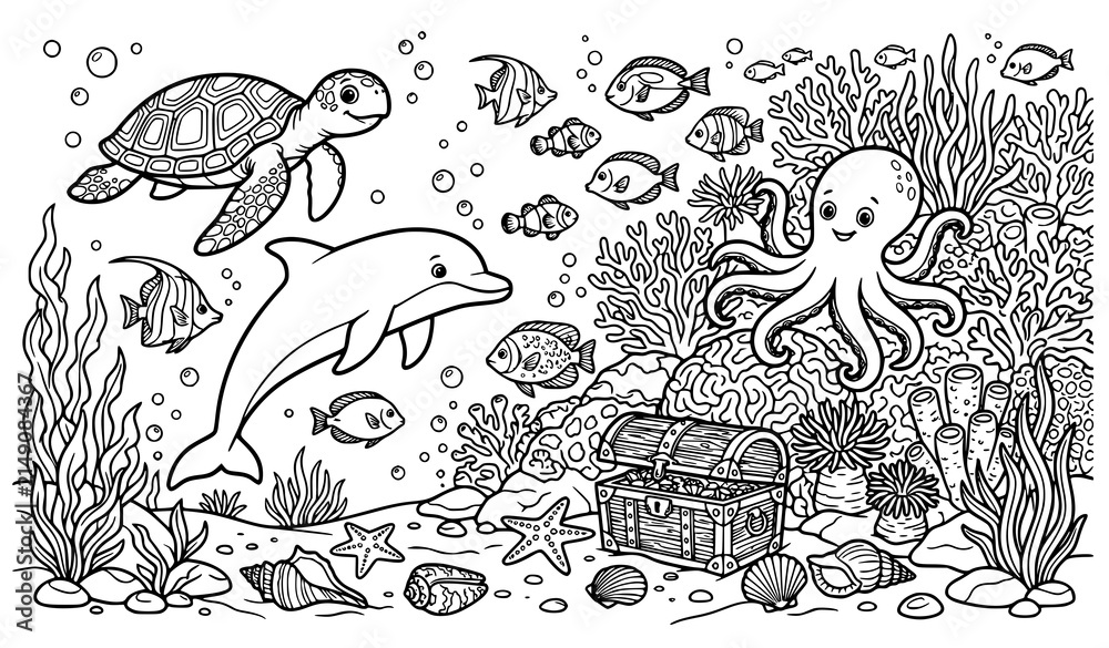 Fototapeta premium Undersea World Coloring Page Vector with Cute Dolphin Sea Turtle Octopus Coral Reef and Treasure Chest for Kids Activity Book Layouts