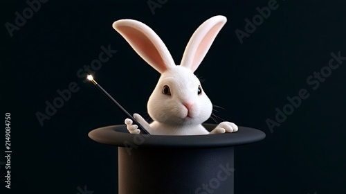White rabbit appearing from a black top hat, holding a glowing magic wand, symbolizing illusion, mystery, and fantasy against a dark background, creating a whimsical and surreal scene