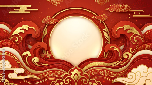 Red And Gold Ornamental Pattern With Circular Frame Chinese Style