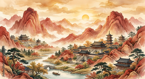 Chinese landscape painting with mountains temples and a winding river