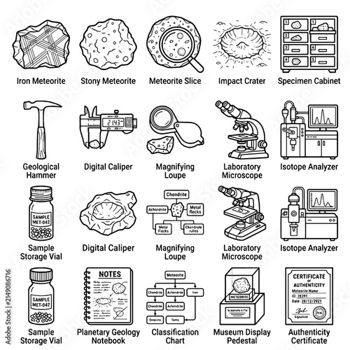 Bild auf Leinwand Geology and meteorite research icons, 20 science laboratory equipment vectors, p