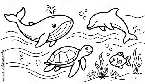 Cute Sea Animals Coloring Page Vector for Kids
