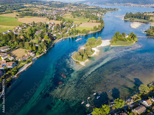 Aerial image of Lake of Constance with Werd Isletthe least rainfall in Europe since years. In the lake shallow places are seen.
