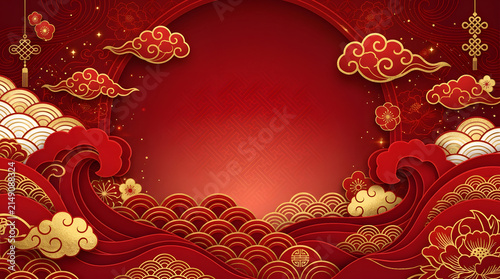 Floral ornament and wave pattern on a red background