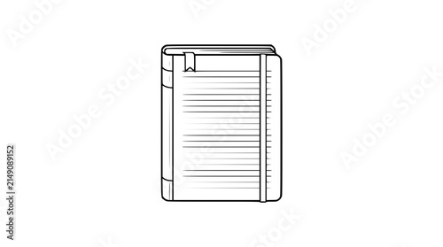 Minimalist line art illustration of a closed notebook with lined pages and a bookmark.