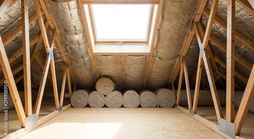 Insulated attic space featuring wooden rafters and stacked fiberglass insulation rolls