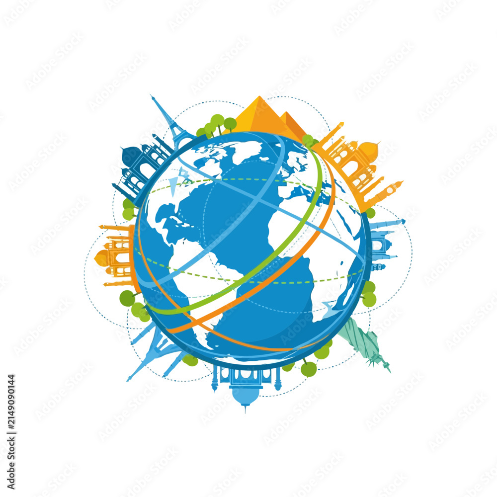Naklejka premium Global Travel Illustration with Famous Landmarks and Globe