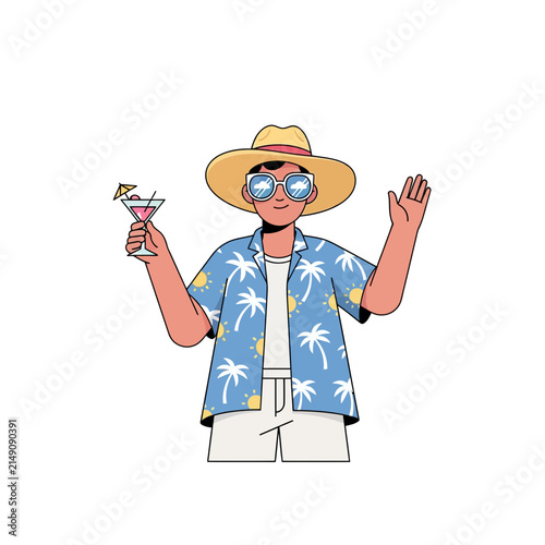 Man in Hawaiian shirt, straw hat, sunglasses, holding cocktail, waving hello, vacation fun