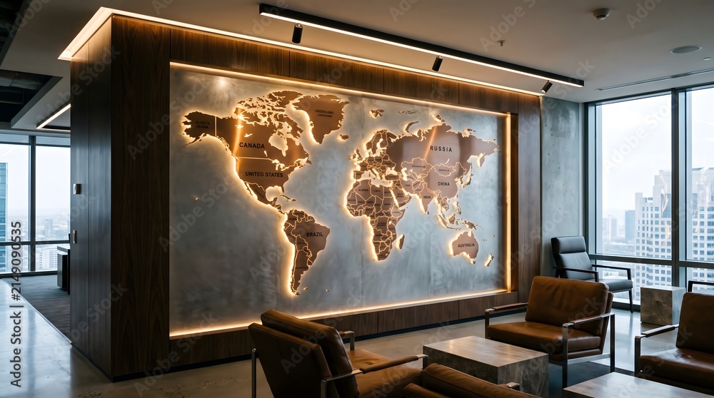 Fototapeta premium Modern corporate office lobby featuring a large illuminated world map wall decoration and contemporary lounge seating area