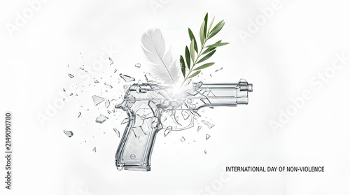Shattered glass gun with green olive branch and feather.