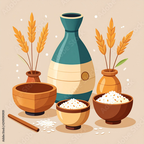 Traditional Japanese Sake Bottle with Bowls of White Rice and Wheat Ears Vector Illustration Isolated on Neutral Background