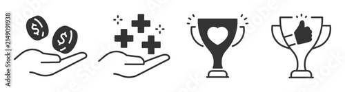 Obraz na plátně Hands holding symbols and trophies indicating donations and rewards set
