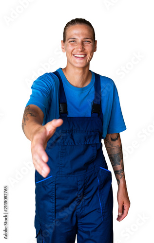 фотографія POV view of friendly female technician extending hand for handshake