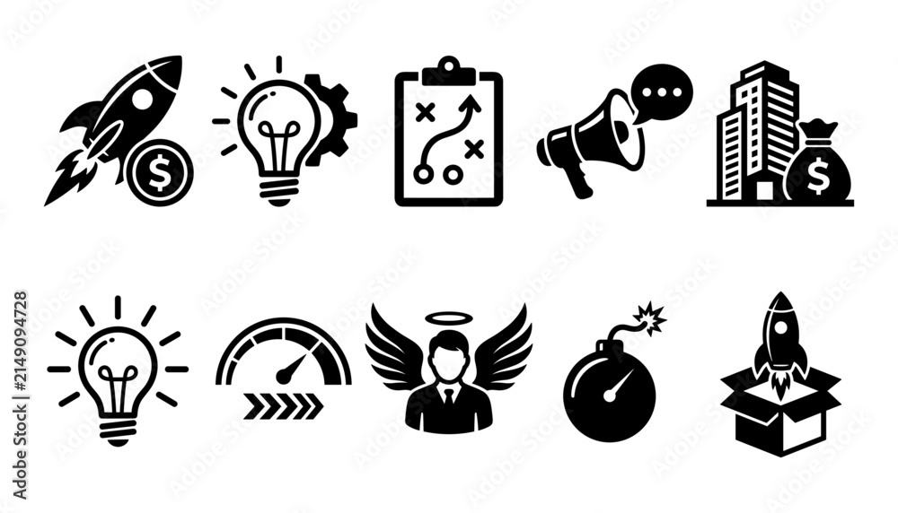 Obraz premium Set of Black and White Icons Representing Innovation, Business, Communication, Technology, and Finance Concepts