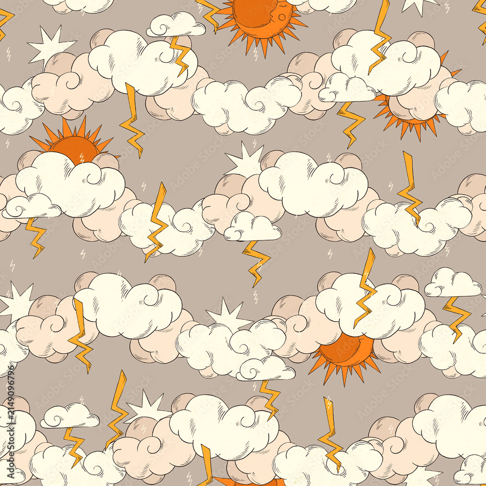 seamless pattern with autumn leaves and clouds
