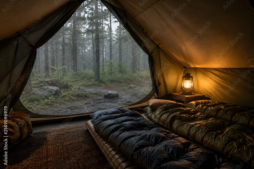 Fototapeta premium Cozy Camping Tent Interior During Rainfall