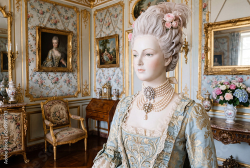 Elegant Rococo Style Portrait Mannequin Wearing Vintage Pearl Necklace in Luxurious Palace Interior